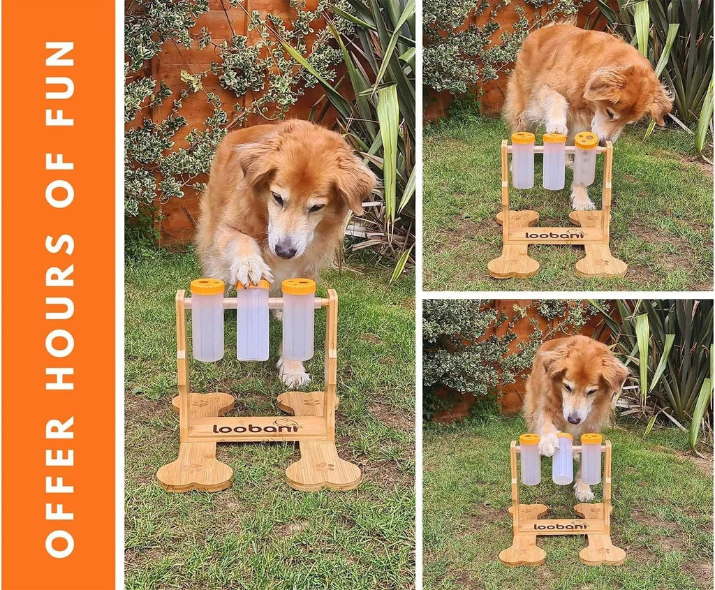 Natural wood colour interactive dog puzzle toy and snack dispenser feeder, 31cm by 30cm by 20cm.