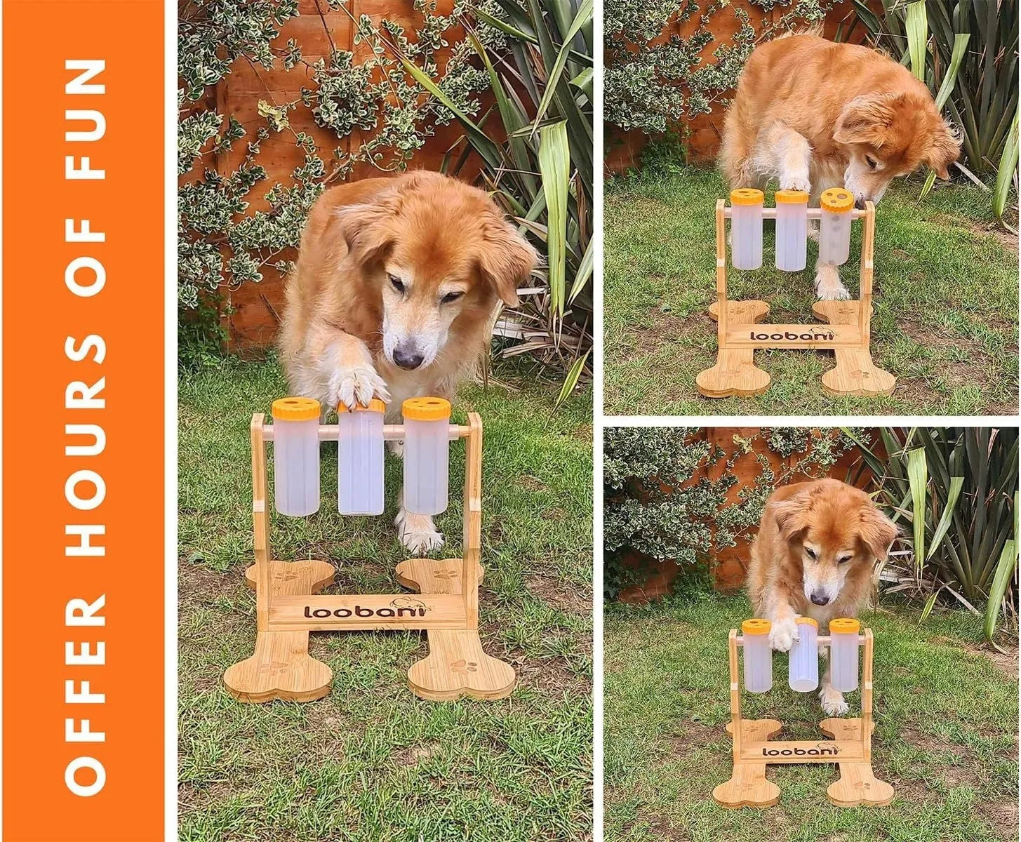 Natural wood colour interactive dog puzzle toy and snack dispenser feeder, 31cm by 30cm by 20cm.