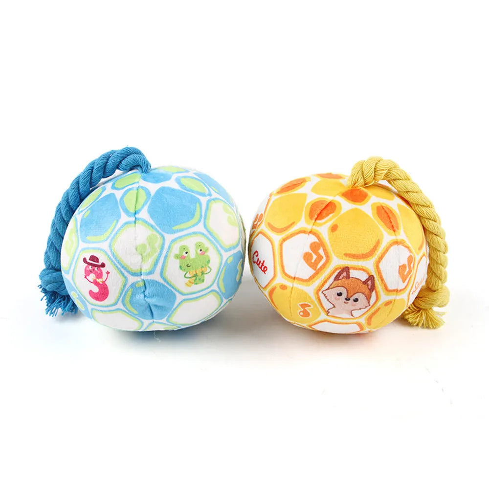 Blue dog elastic football tug of war ball made from cotton rope with bright cartoon design
