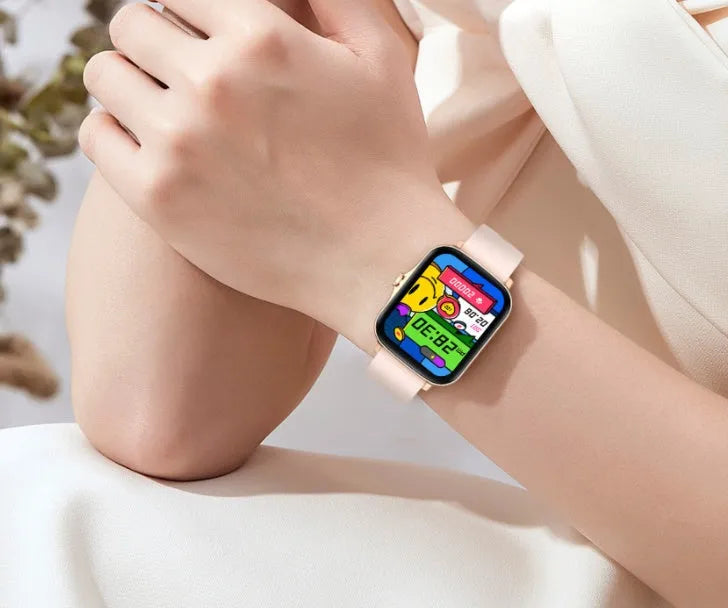 Smart watch with 1.7-inch colour touchscreen on adjustable strap, showing fitness stats interface.