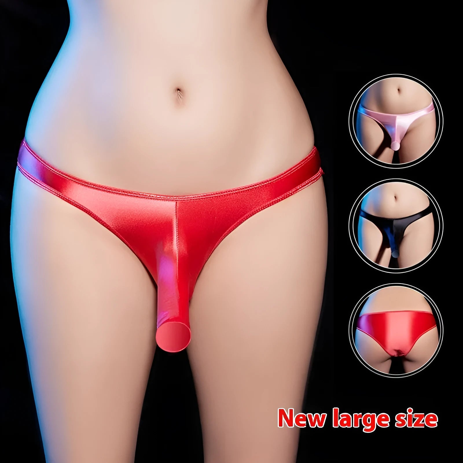 Men's shiny nylon T-back low waist underwear in black colour showing contemporary design