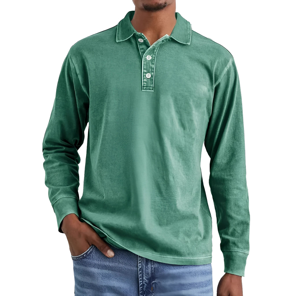 Men's retro washed distressed lapel polo shirt in pure cotton, shown in Army Green colour.