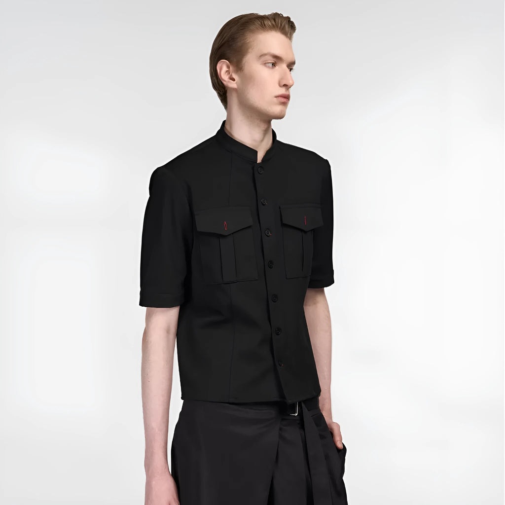 Black handmade hunting shirt with half sleeves, shirt collar, and single-breasted front