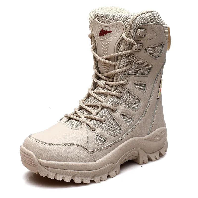 Hi-top hiking shoes with cowhide fabric construction available in black, brown, and beige colours