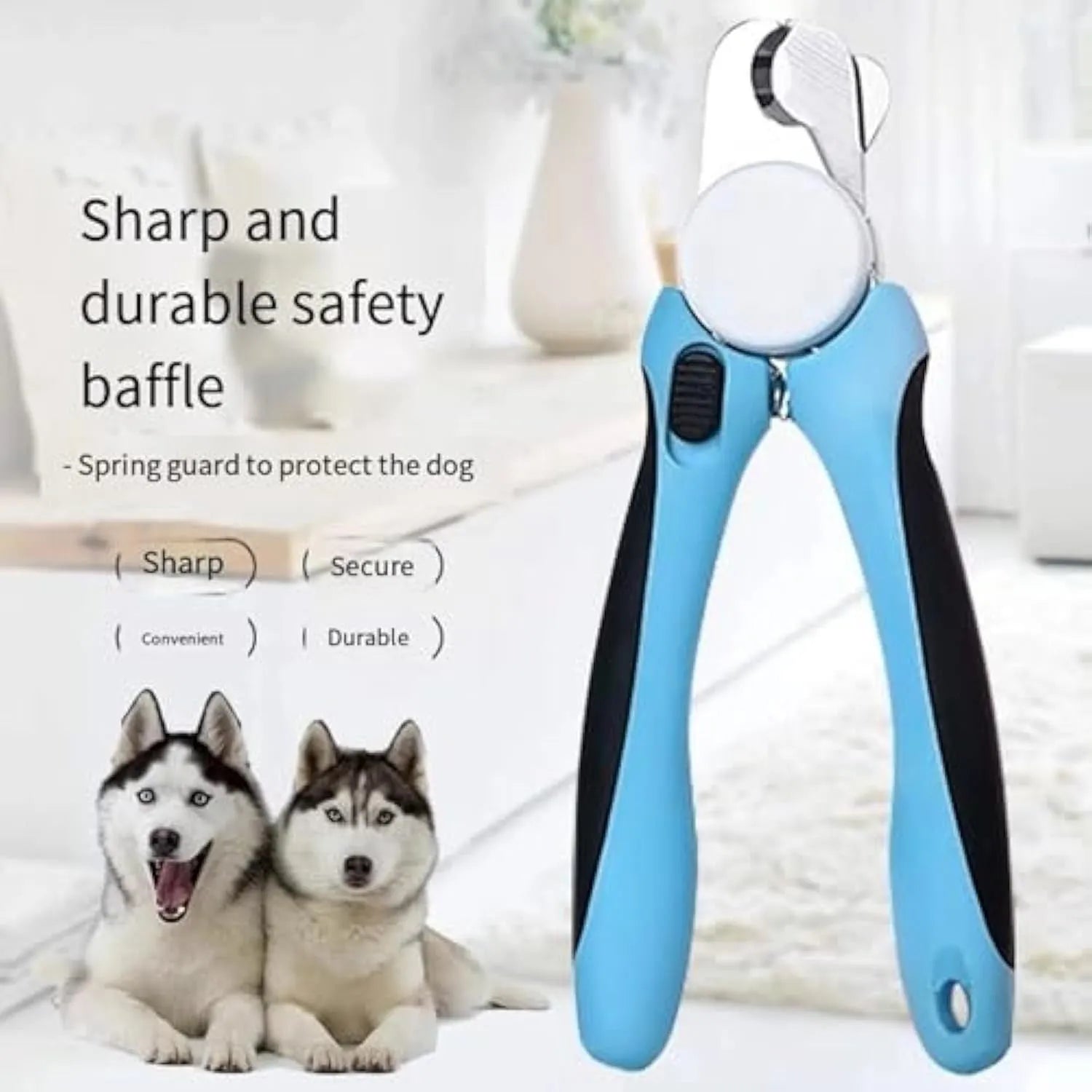 Blue heavy-duty dog nail clippers with a visible safety guard on a white background.