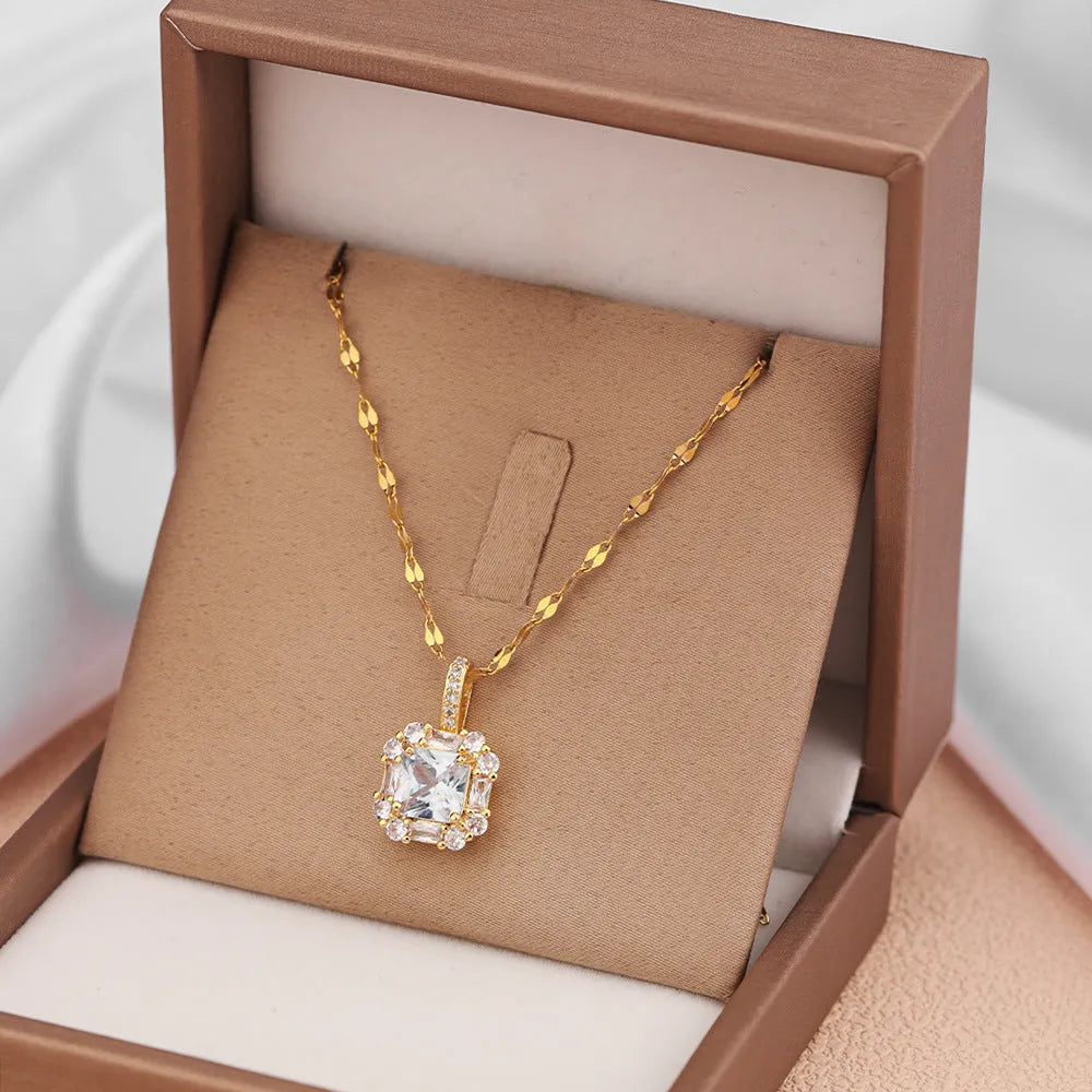 Women's geometric quadrilateral pendant necklace with mixed gem and zircon inlay on titanium steel chain