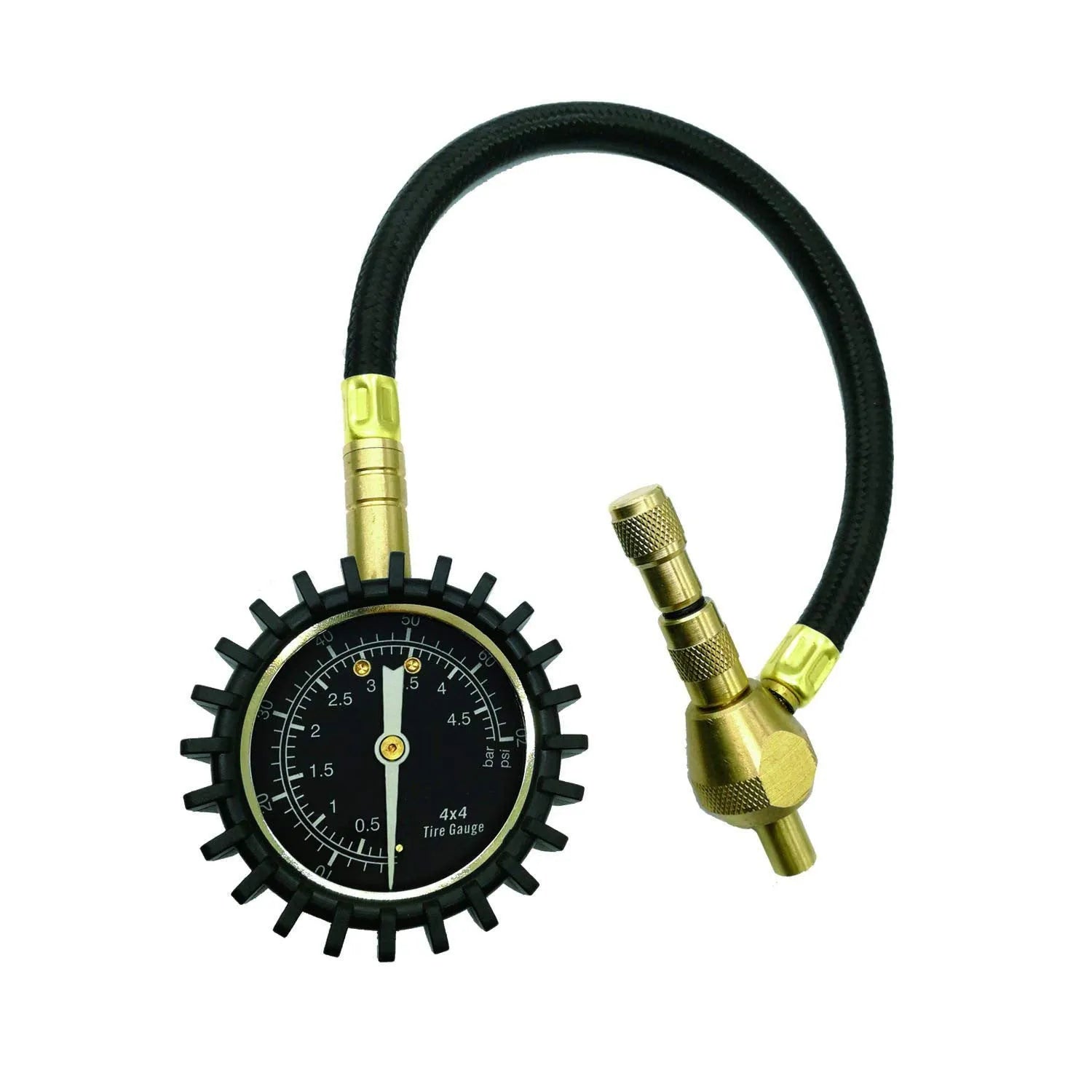 Mechanical automobile tyre pressure gauge with metal body and rubber shell in red, black, or silver finish