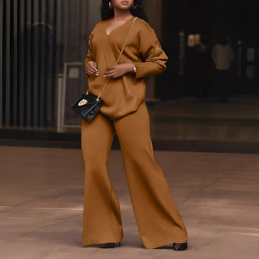 Women's brown suede two-piece suit with split sleeves and trousers casual outfit