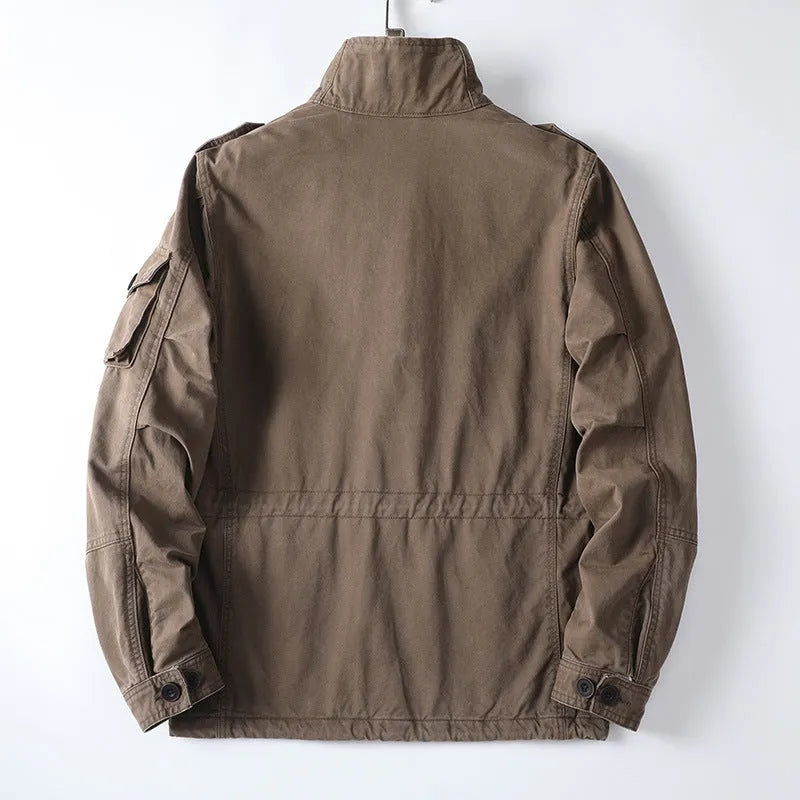 Men's casual retro cotton twill jacket loose fit zip up in light army green colour, front view