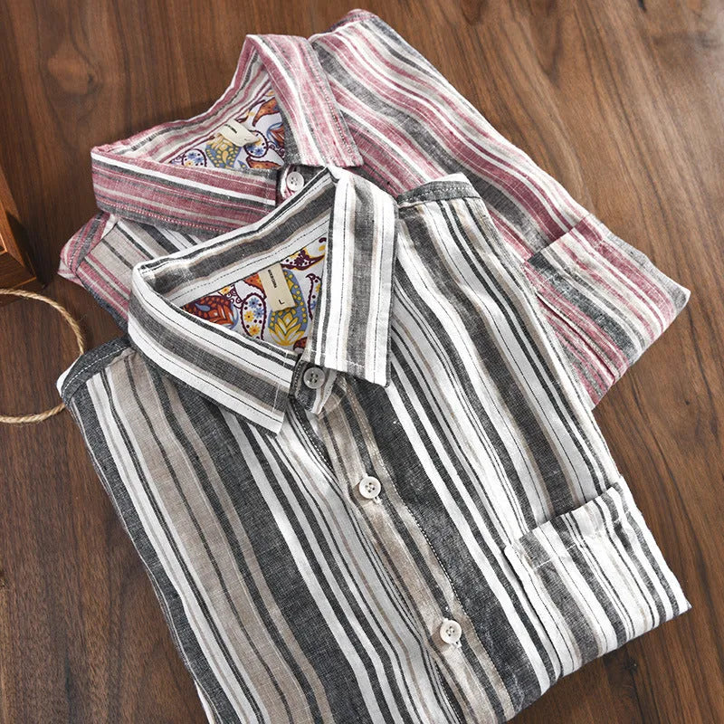Red and grey striped linen shirt for men with long sleeves and loose fit design