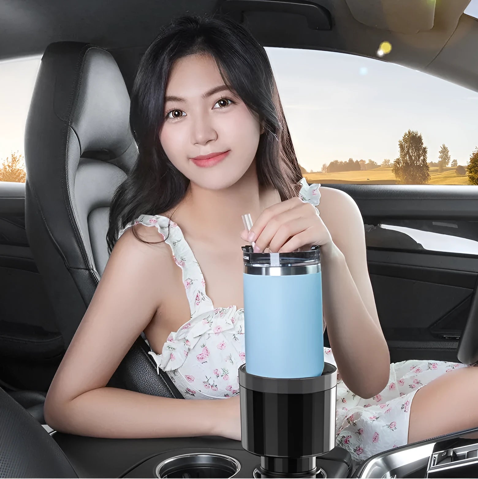 Matte black ABS car cup holder expander with adjustable base for large bottles and cups