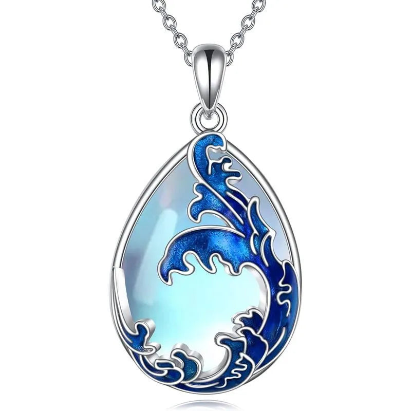 Blue heart-shaped alloy pendant necklace on chain for women