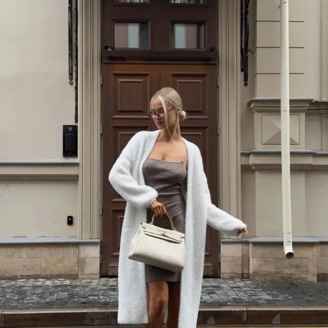 White knitted women's cardigan jacket with 105cm length and loose fit