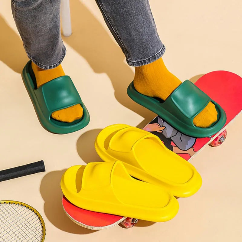 Soft EVA bathroom flip-flops with thick non-slip sole in multiple colour choices on a white background.