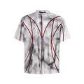 Padded shoulder t-shirt with three-dimensional line patchwork design and short sleeves