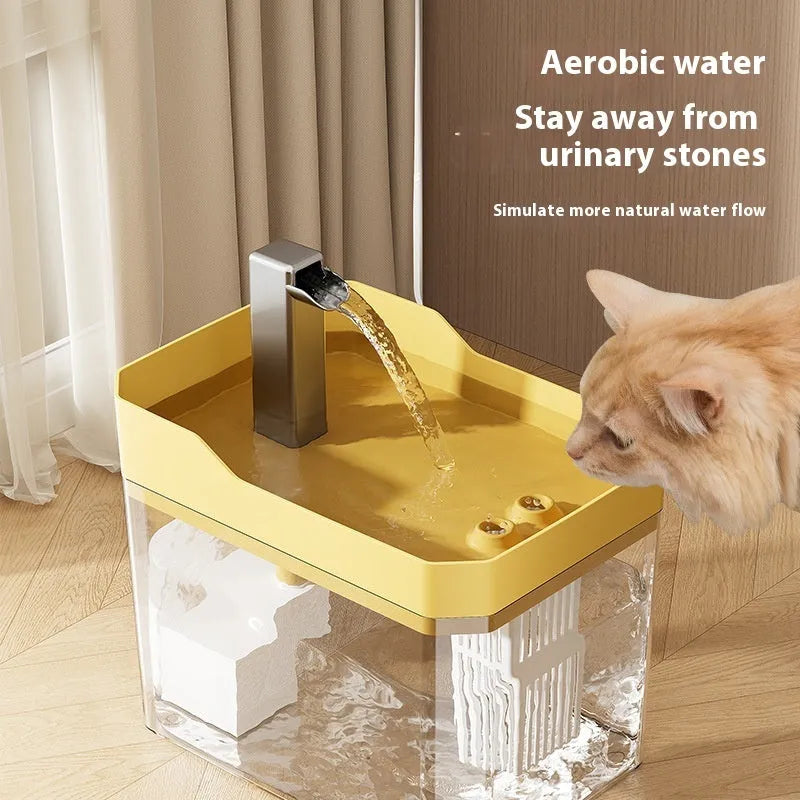 Matt grey cat water fountain with active oxygen pump and white drinking tray on floor