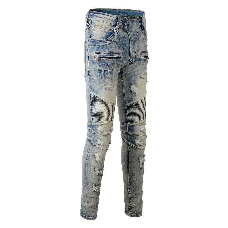 Men's light blue distressed slim fit jeans with hand-frayed detailing and stretch denim fabric