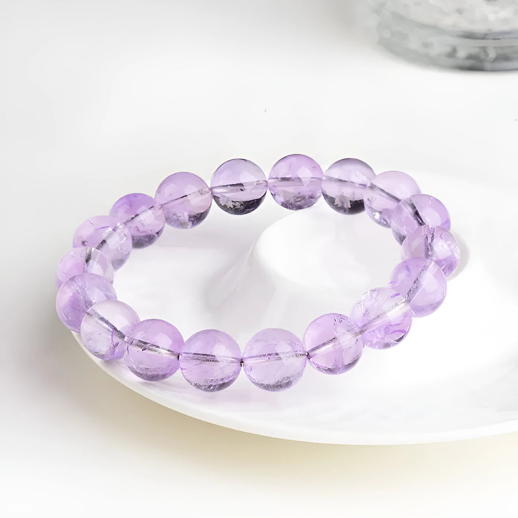 Lavender amethyst round bead bracelet with water ripple pattern geometric design