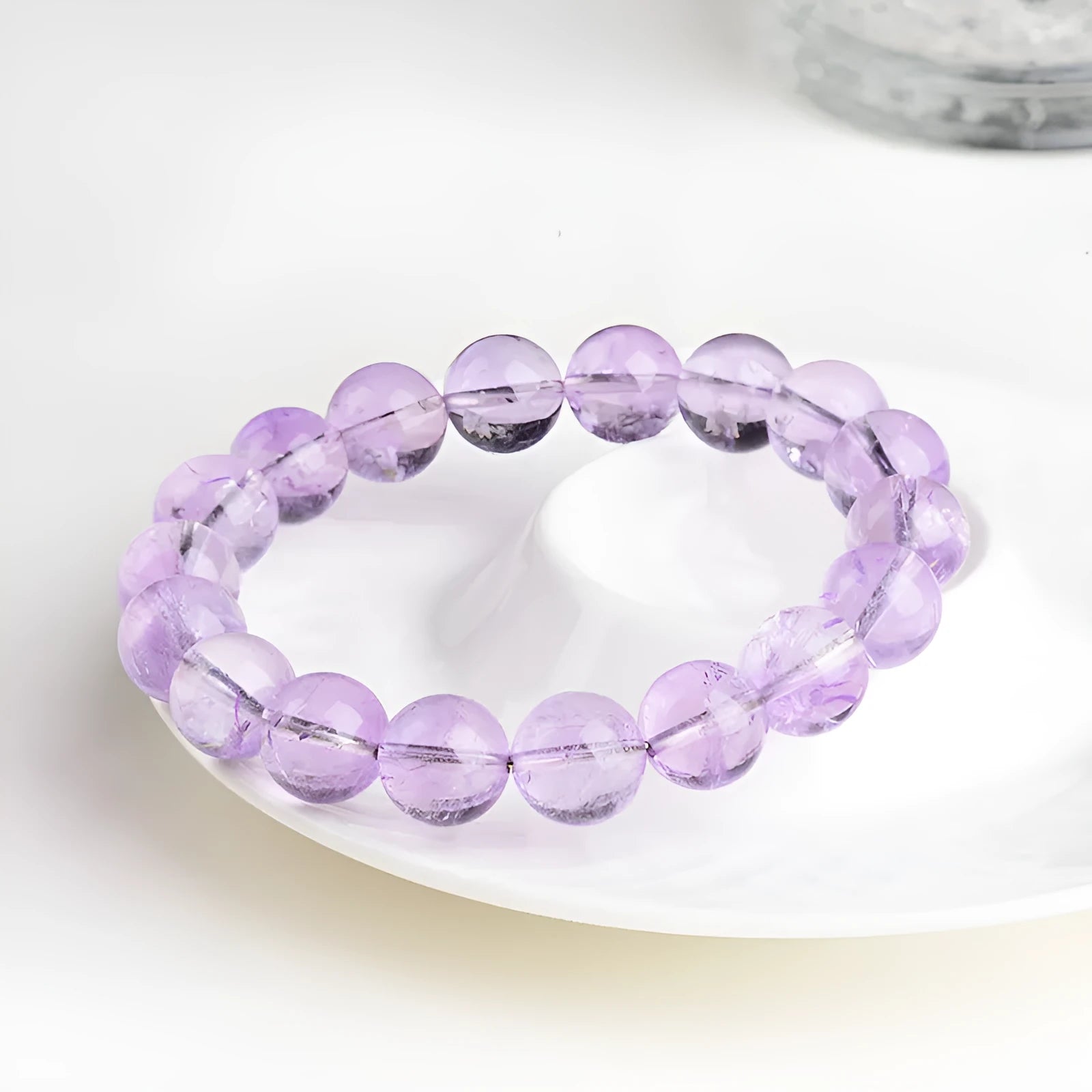 Lavender amethyst round bead bracelet with water ripple pattern geometric design