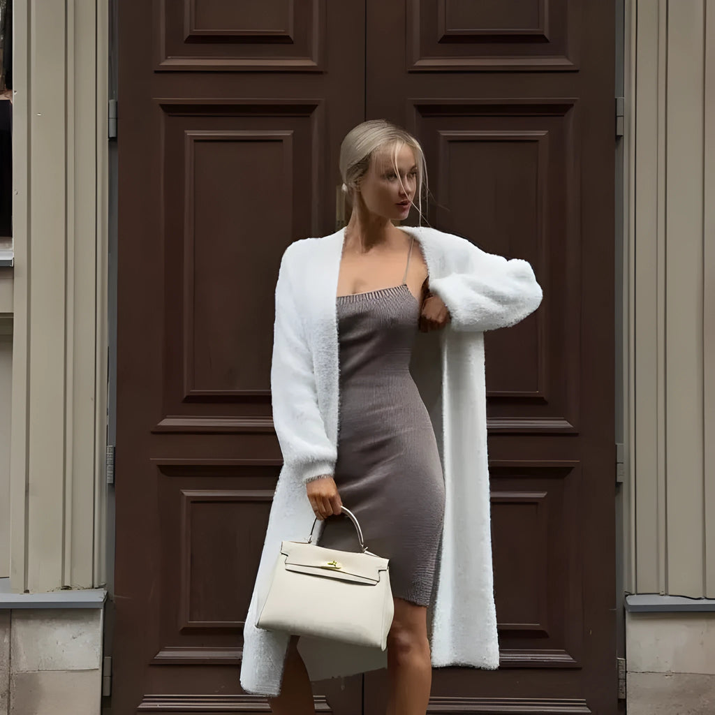 White knitted women's cardigan jacket with 105cm length and loose fit