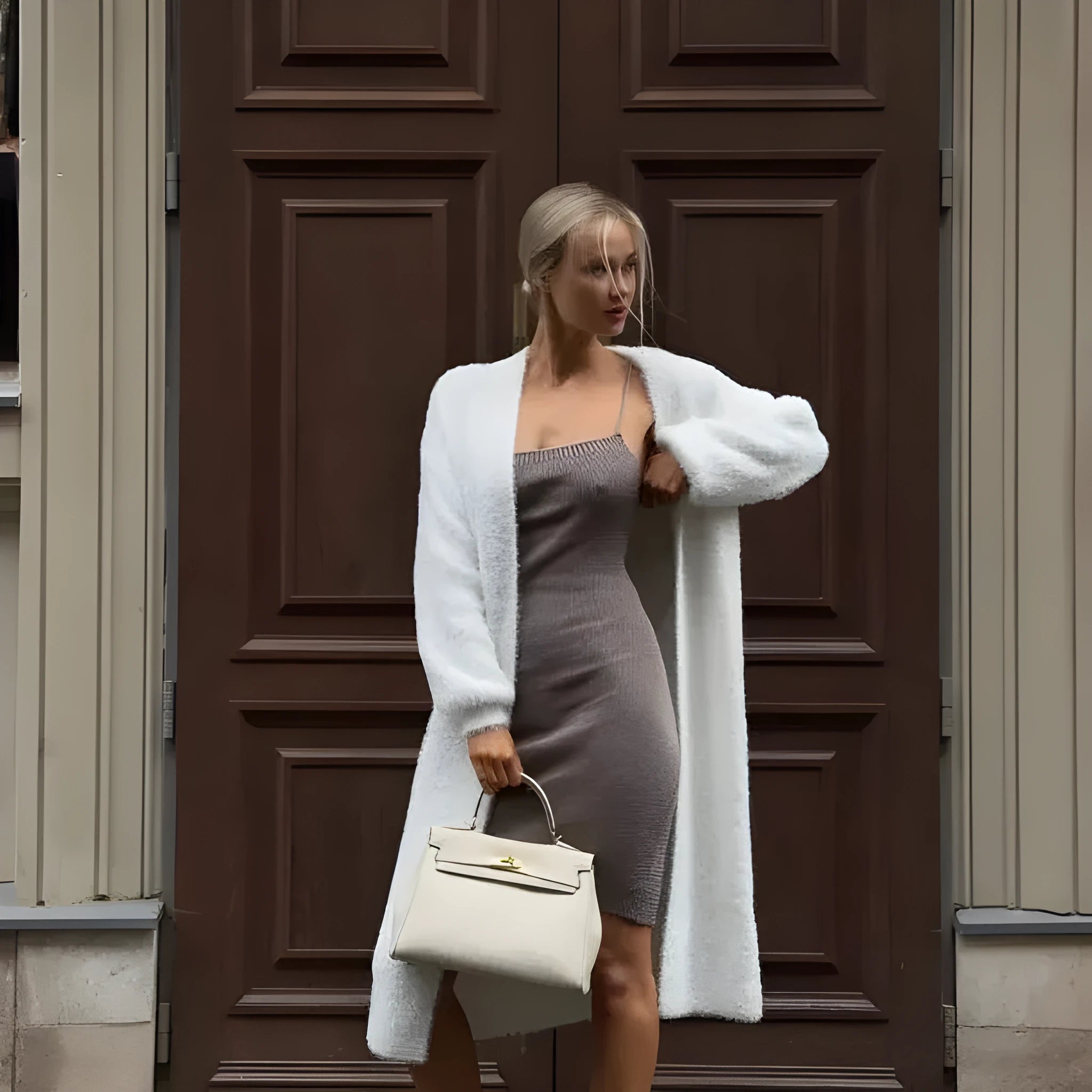 White knitted women's cardigan jacket with 105cm length and loose fit