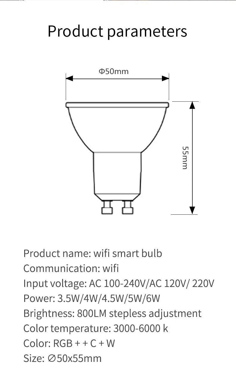 White GU10 smart LED spotlight with RGBCCT colour changing and WiFi connectivity