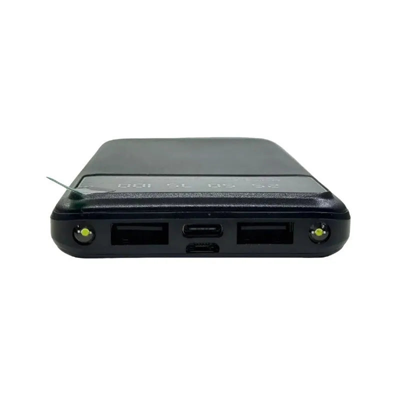 Black ultra-thin 10000mAh power bank with plastic shell on a white background
