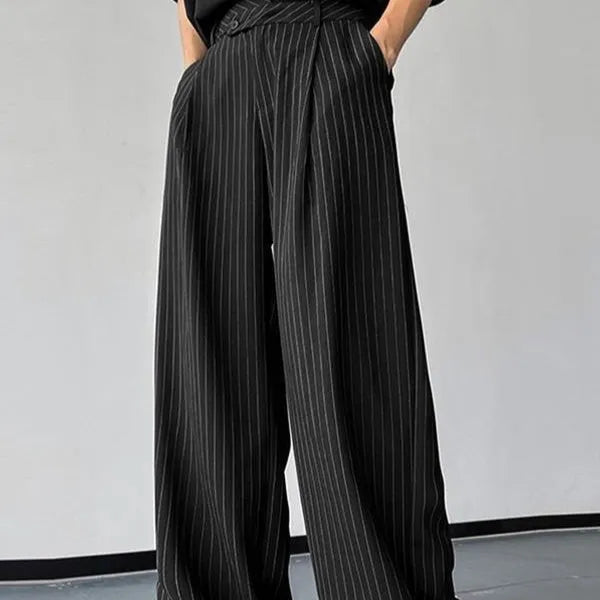 Black men's trousers with vertical stripes and pleated design detail
