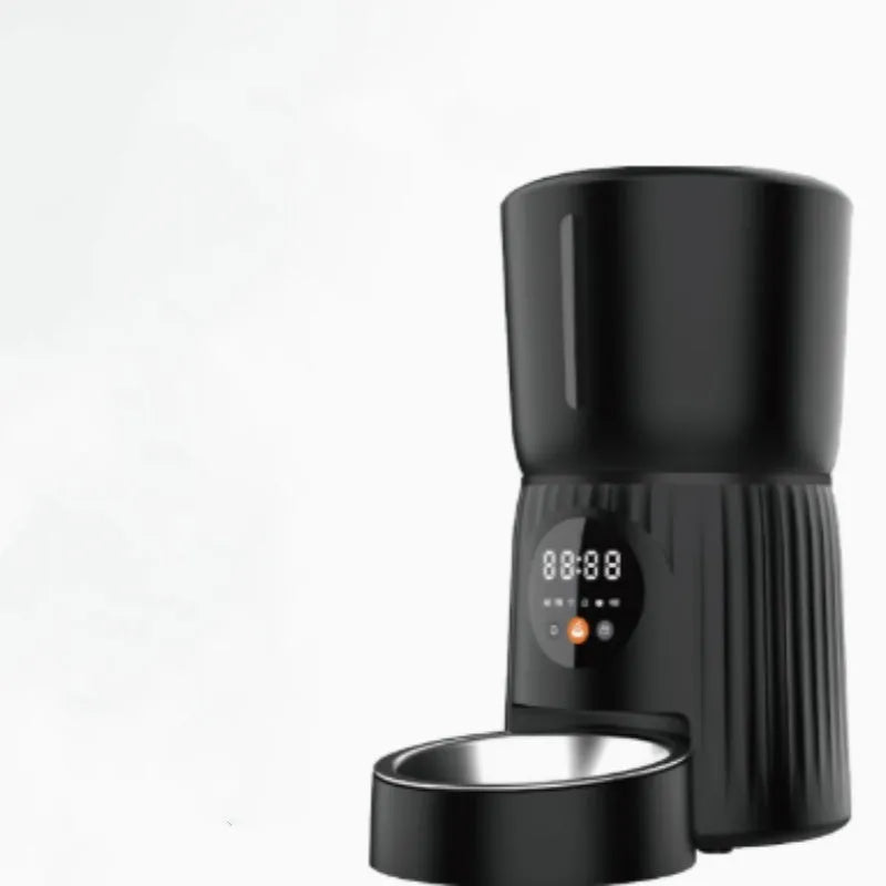 Black and white intelligent pet feeder with smartphone app remote control for automatic feeding
