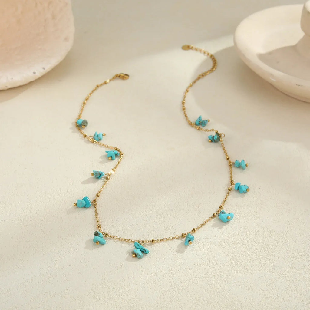 Natural stone necklace with stainless steel chain and 18K gold plating, available in amethyst
