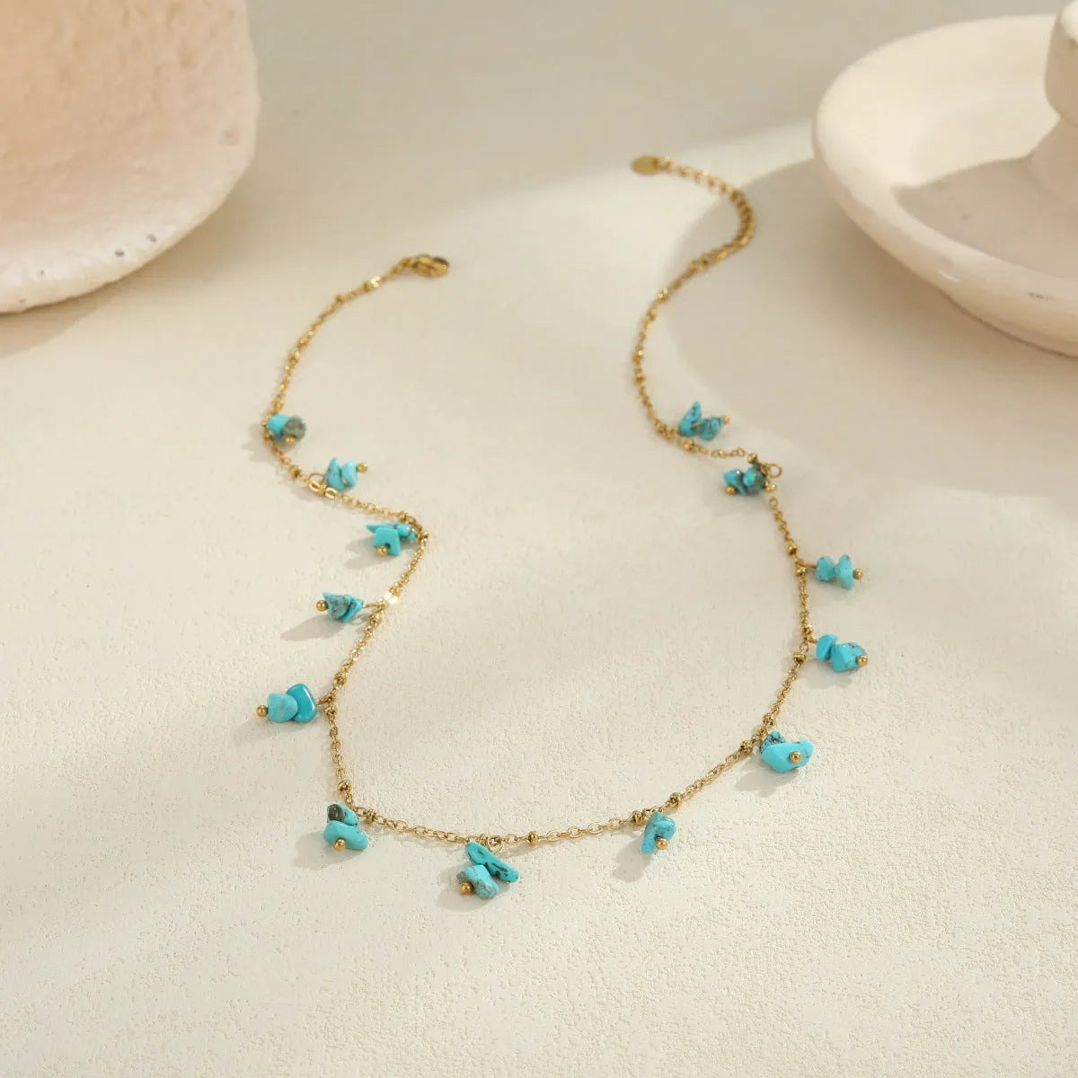 Natural stone necklace with stainless steel chain and 18K gold plating, available in amethyst