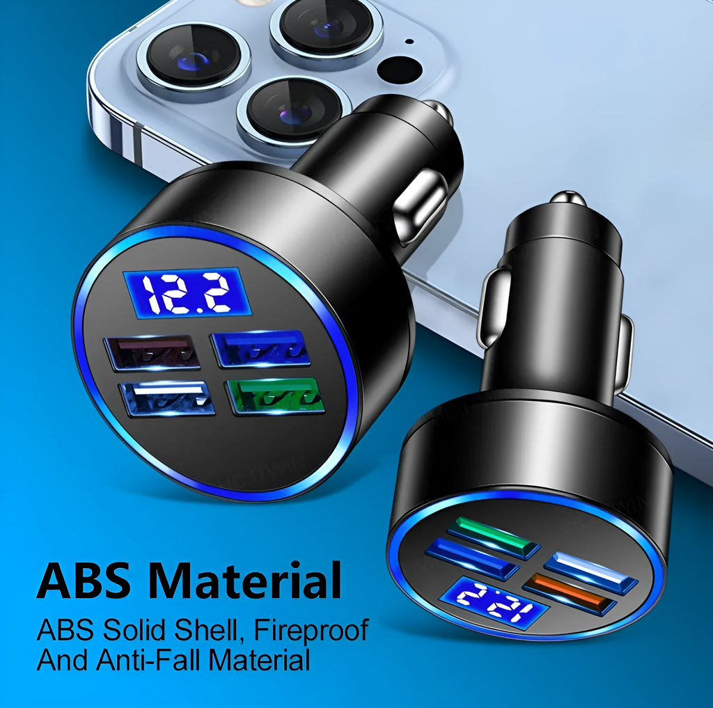 One-to-four multi-port car charger in black with four ports and cigarette lighter plug