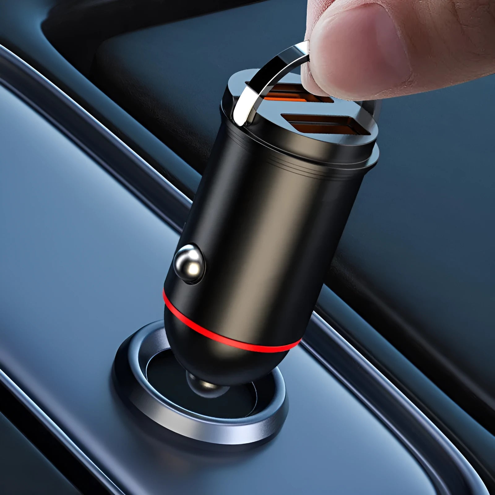 Black 200W super fast car charger with USB output, 38x21x21mm zinc alloy body