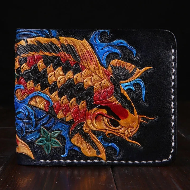 Men's manually carved cow leather short wallet in blue colour showing open closure design