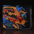 Men's manually carved cow leather short wallet in blue colour showing open closure design