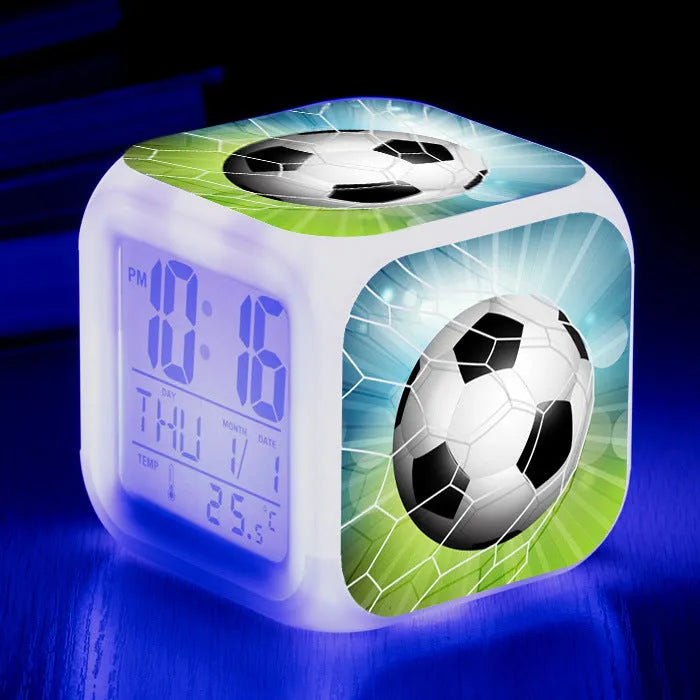 Square football pattern alarm clock with cartoon design for children's bedrooms