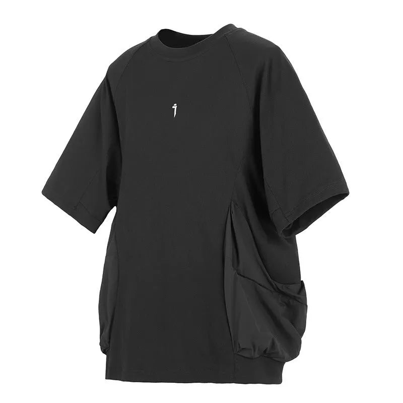 Men's loose fit cotton T-shirt with big pockets round neck short sleeves in black