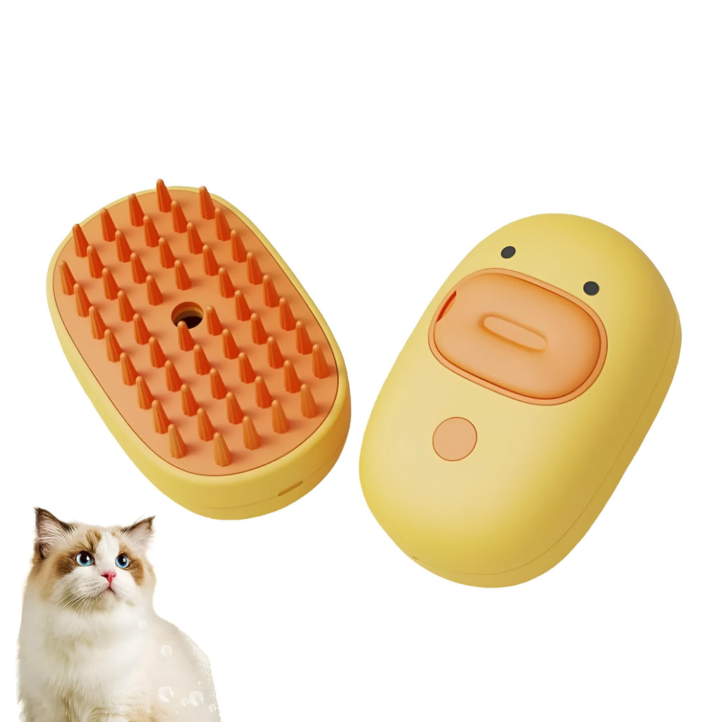 White or yellow rechargeable pet steam brush with rubber comb teeth and water tank.