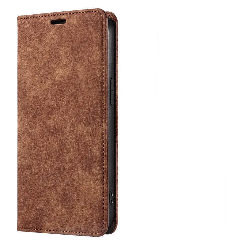Magnetic flip phone case for iPhone in genuine leather and TPU, shown in grey colour with flap closed.