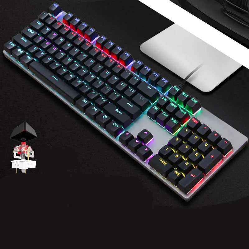 GK410 mechanical keyboard with 104 keys, metal construction, and backlight on desktop