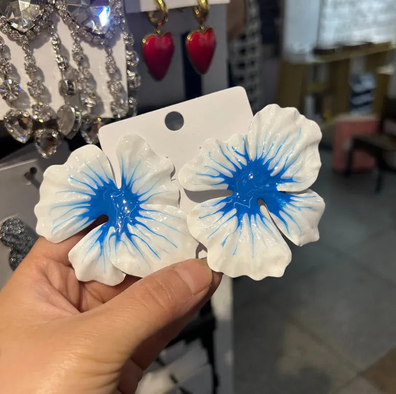 Pastoral-style alloy flower stud earrings with oil-spot glaze electroplating finish