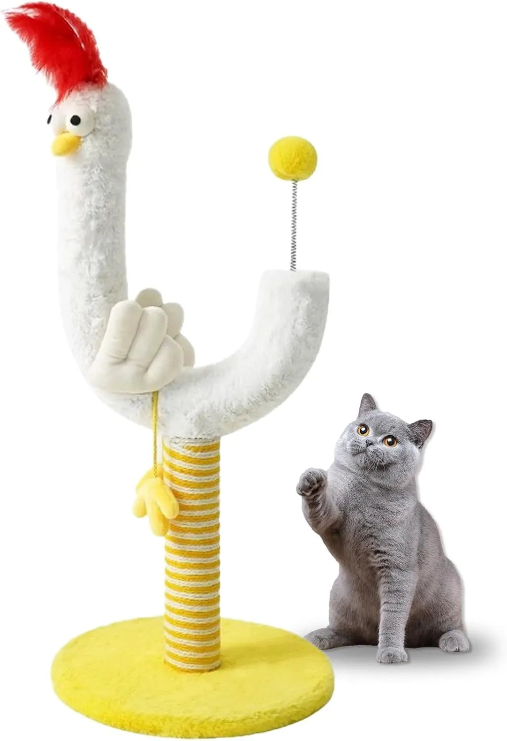 Yellow sisal rope cat scratching post with spring ball measuring 88cm tall