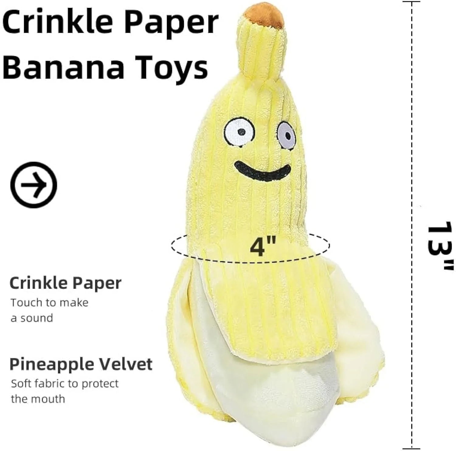 Yellow banana-shaped plush cat toy with crinkle paper and textured strip