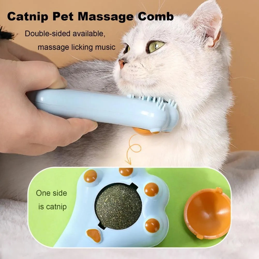 Cartoon-design cat toy massage comb with catnip, shown in various colours.