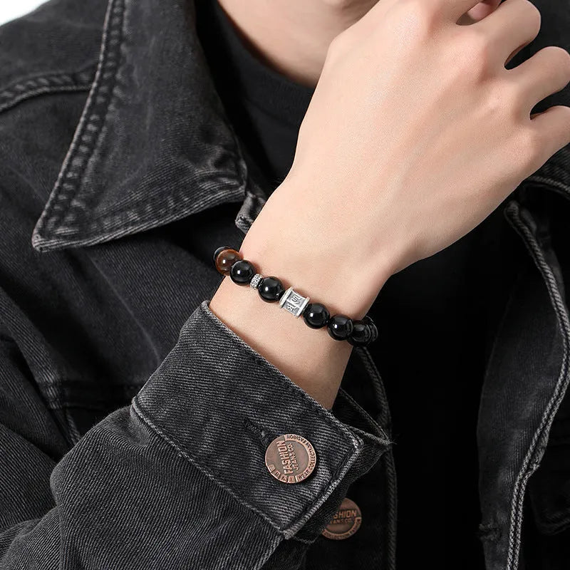 Pure silver obsidian six-word mantra bracelet for men, 10mm hand-woven prayer wheel style