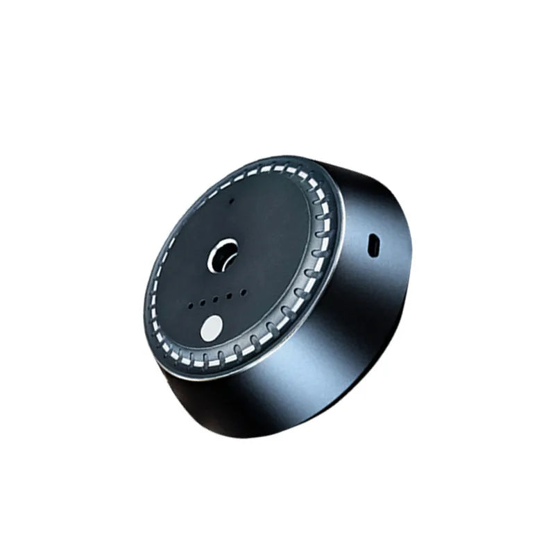Smart car aroma diffuser in black metal, 9x4.5cm, with USB charging and timed ultrasonic diffusion