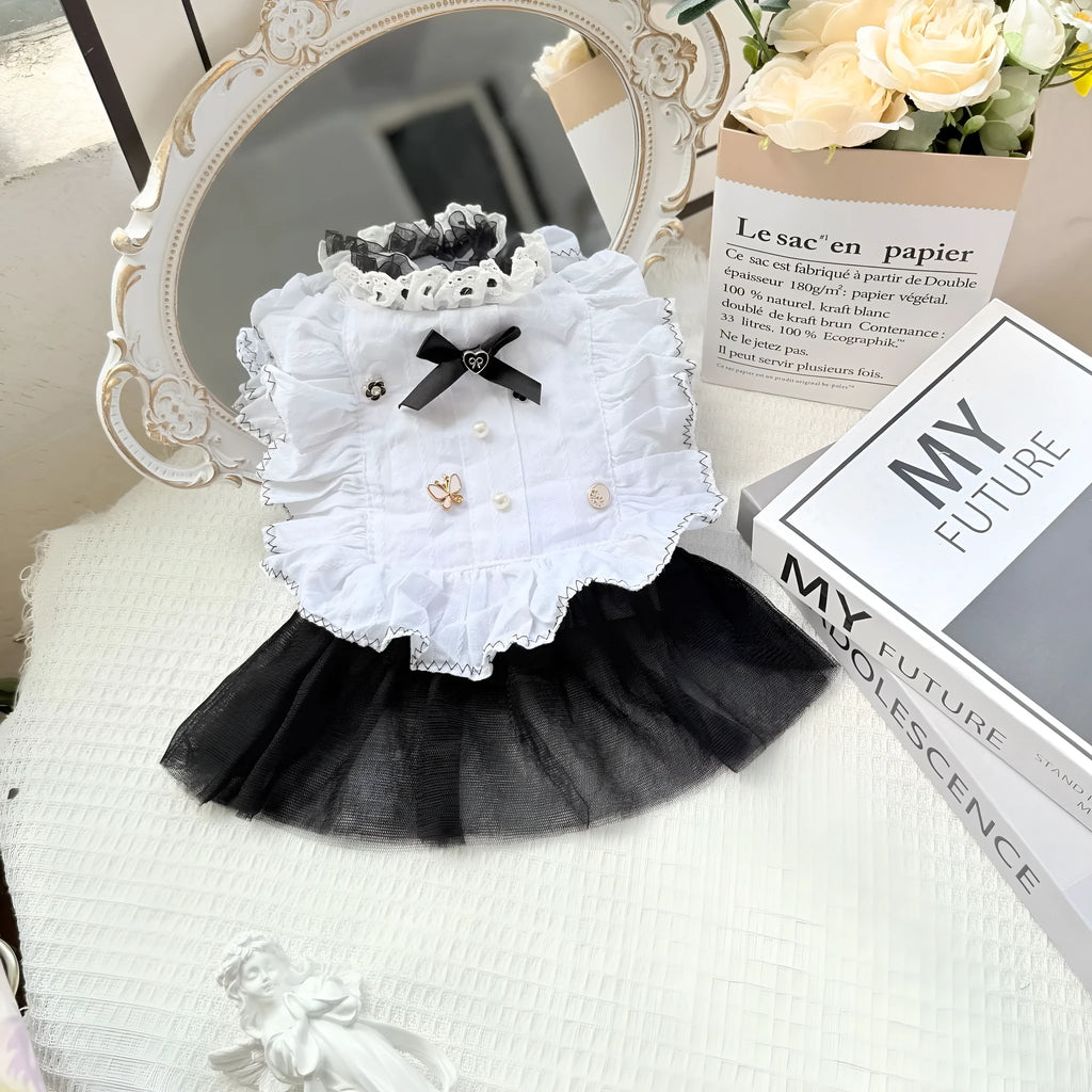 White princess-style gauze skirt for small dogs on a mannequin showing the full length