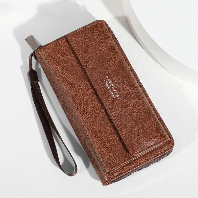 Men's black PU leather long wallet with multiple card slots showing its slim profile.