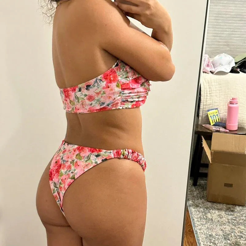 Floral print lace trim bikini top in blue, with matching short, shown on a mannequin.