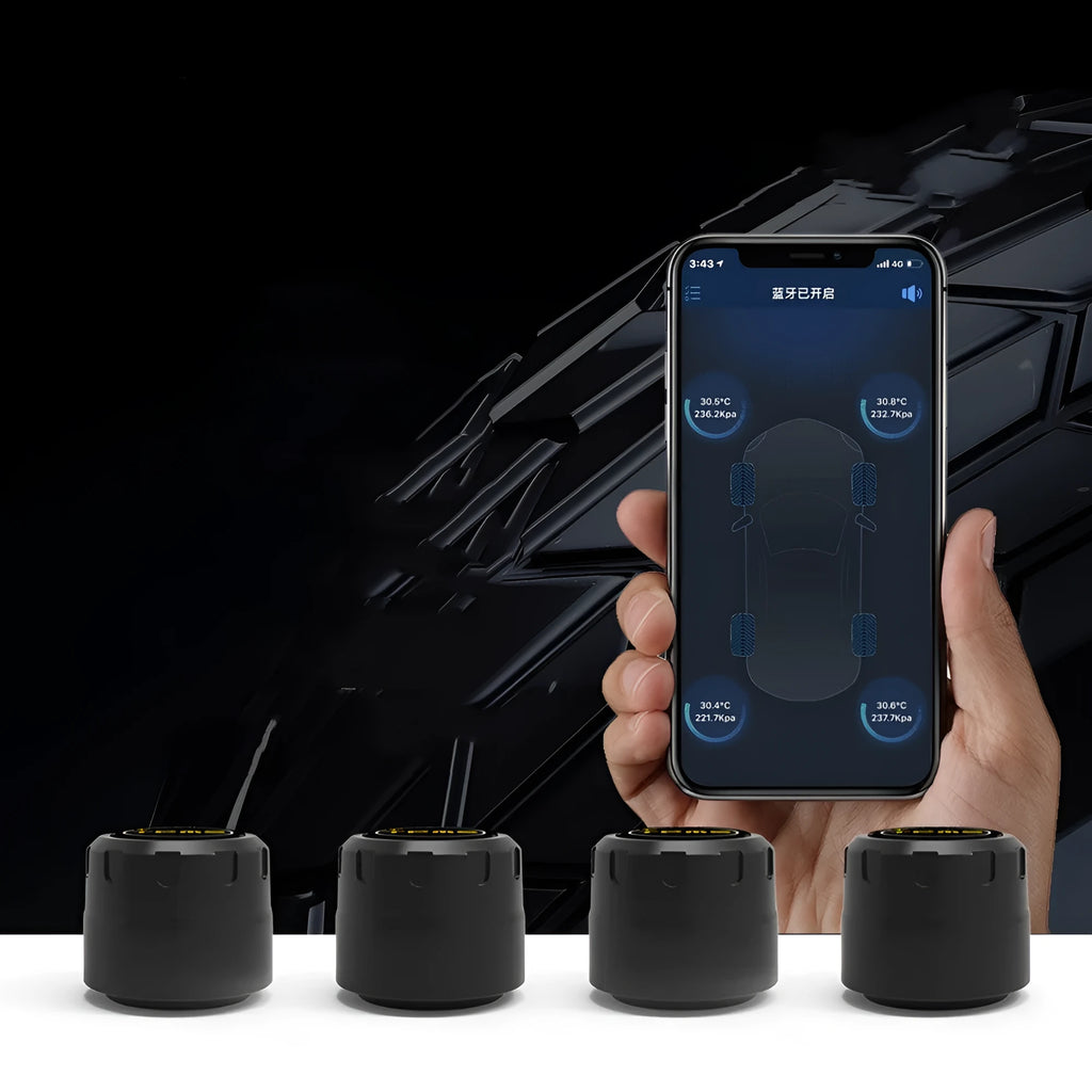 Bluetooth 5.0 automotive tyre pressure monitor with four black sensors and installation tools